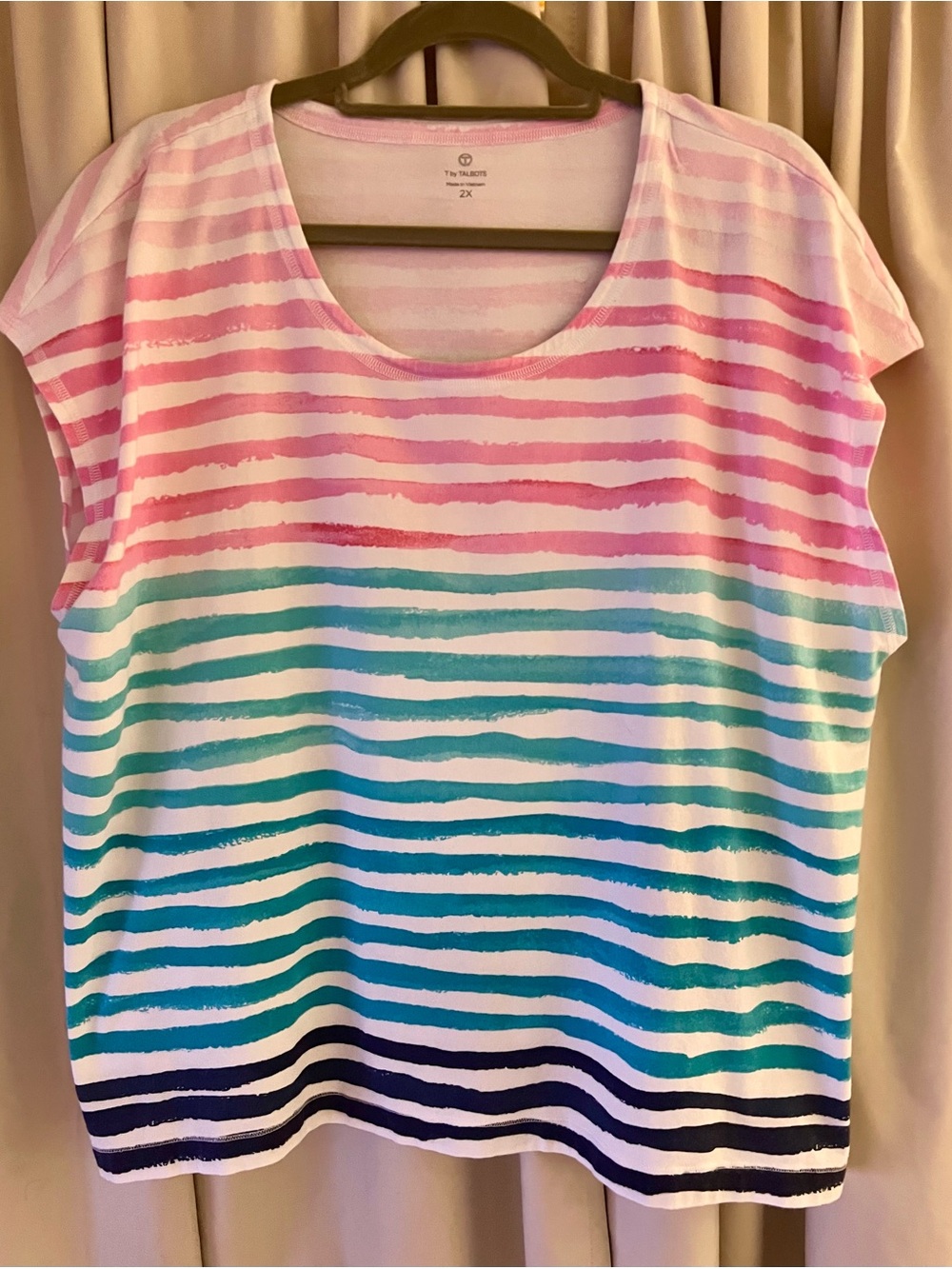 Talbots Pink, Teal & Navy Striped Scoop Neck Tee